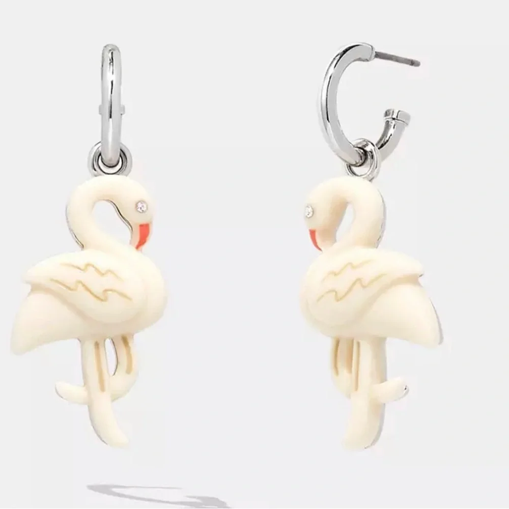 Coach Silver & White crystal studded Flamingo Huggie Earrings‎ new